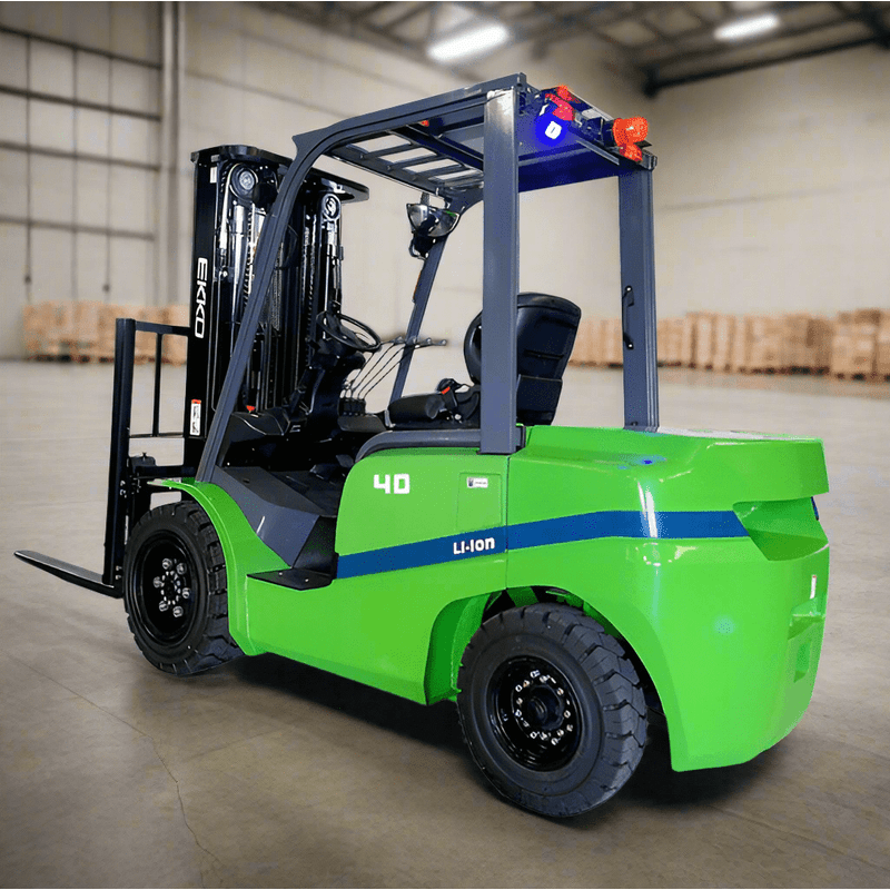 An EKKO EK40GT-Li Lithium Powered Forklift with a 8,500 lbs load capacity and Cascade side shift, shown in a warehouse with shelving.