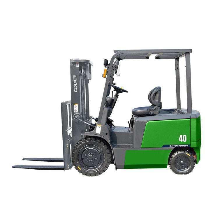A side view of the EKKO EK40T-Li Lithium Powered Forklift with a 8000-pound capacity on a solid white background.