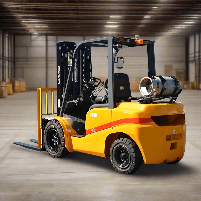 An EKKO EK40TLP Liquid Propane Forklift with a 8500 lbs load capacity and Cascade side shift, shown in a warehouse with shelving.