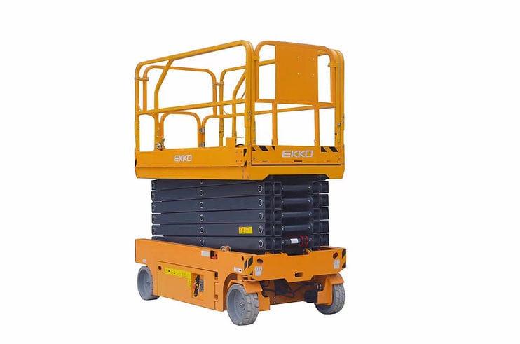 The orange EKKO ES120E Aerial Work Platform Lift with its platform in the down position, featuring its scissor mechanism, safety rails, and wheels, on a white background.