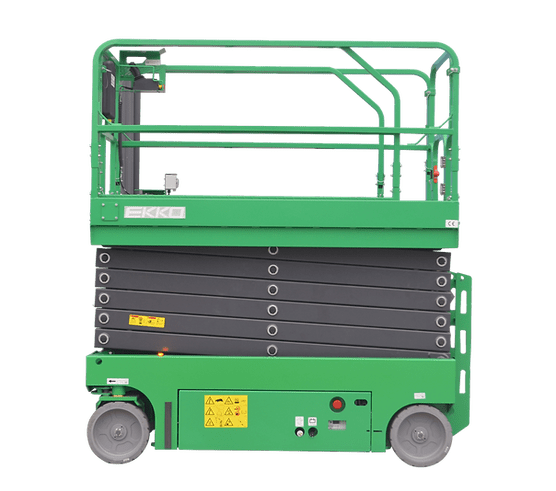 The green EKKO ES40E-Li Aerial Work Platform Lift with its platform in the down position, featuring its scissor mechanism, safety rails, and wheels, on a transparent background.