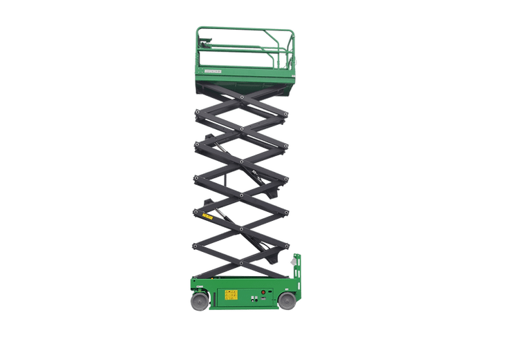 A green EKKO ES40E-LI Aerial Work Platform Lift with its scissor mechanism fully extended to a height of 468 inches, showing its platform and safety rails, on a white background.
