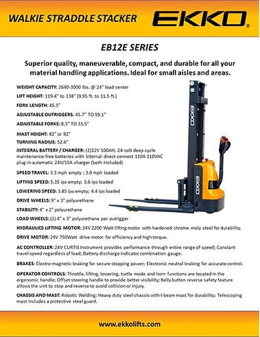 A technical diagram of the EKKO EB12E-138 electric straddle stacker, displaying a side and top-down view with key dimensions and specifications, including its 2640 lbs load capacity.