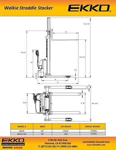 A detailed, scaled diagram showing the side dimensions of the EKKO EP20LI lithium pallet jack, including an overall length of 67.2 inches, width of 27.5 inches, and fork length of 48 inches.