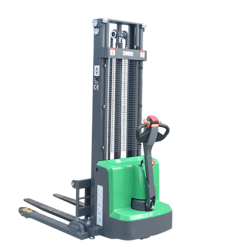 A green and black EKKO EB13E-145LI Lithium Straddle Stacker with adjustable forks and an ergonomic handle, set against a transparent background.