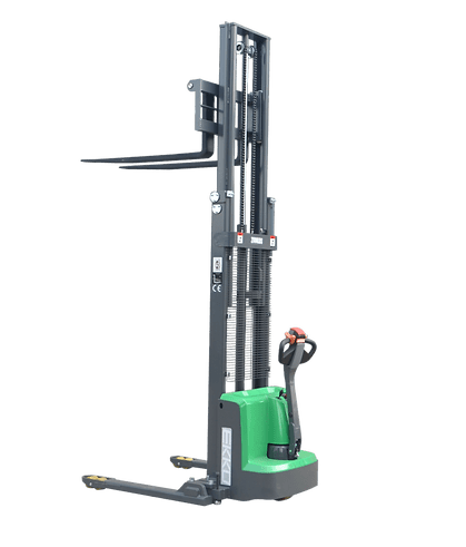 A green and black EKKO EB13E-145LI Lithium Straddle Stacker with its adjustable forks fully extended to its maximum height of 145" and an ergonomic handle, set against a transparent background.