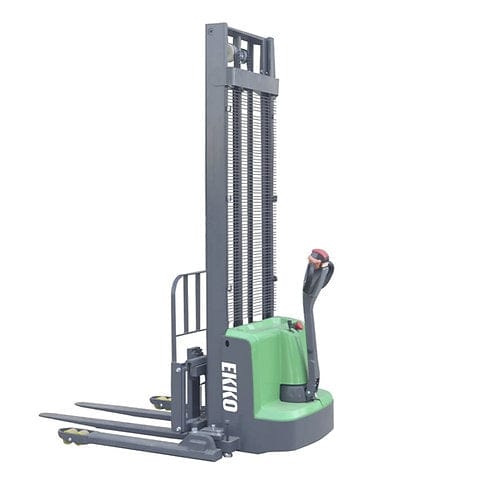 An EKKO EB13ES-LI Electric Straddle Stacker in a white studio setting, highlighting its green and grey frame, adjustable forks, and ergonomic handle controls.