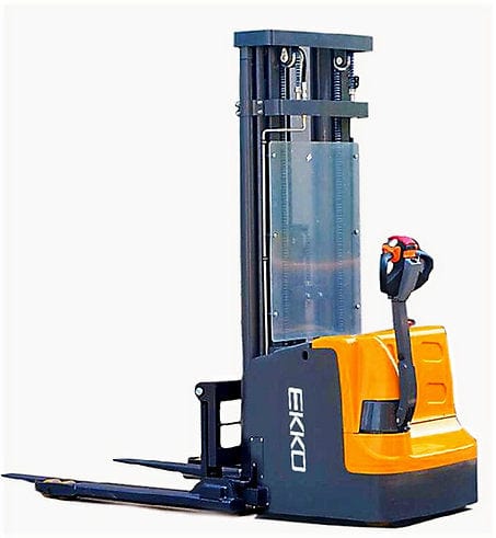 A front-facing view of the EKKO EB18E Electric Straddle Stacker, showcasing its tall black mast, yellow body, and adjustable forks against a white background.