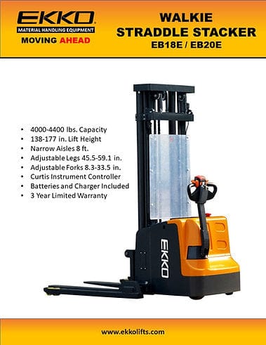 A product information sheet for the EKKO EB18E Electric Straddle Stacker on a yellow-and-black background, listing features like its 4000 lbs capacity and 138-inch lift height.