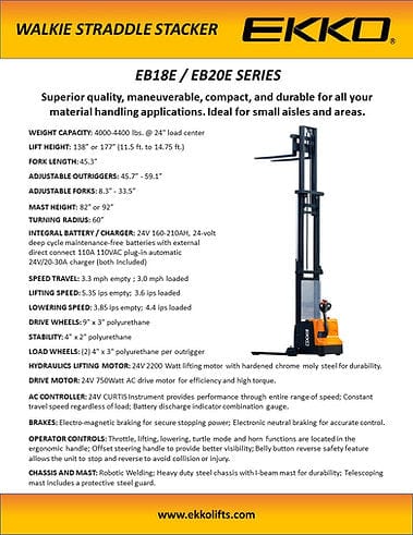 A product information sheet for the EKKO EB18E Electric Straddle Stacker, highlighting its durability and features like the Curtis Instrument Controller and a 3-year limited warranty.