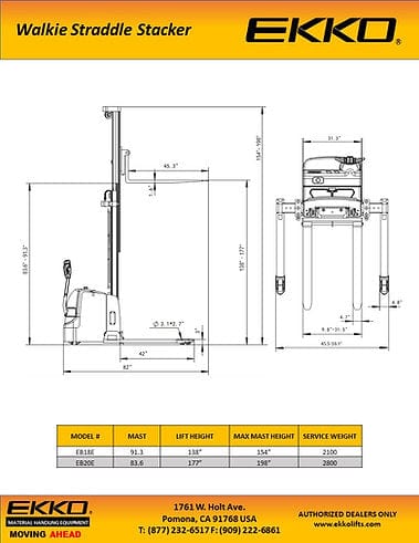 A detailed blueprint of the EKKO EB18E Electric Straddle Stacker, including a table with key measurements such as its 82-inch overall length and 61-inch maximum overall width.