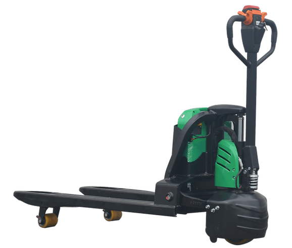A detailed side profile of the green and gray EKKO EPF20LI Lithium Iron Phosphate walkie pallet jack, with its forks, drive wheel, and ergonomic handle clearly visible against a transparent background.
