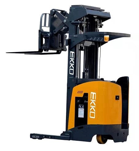 An EKKO EK18RRL Stand-up Narrow Aisle Reach Truck, showcasing its orange and black design with a rider platform, against a white studio background.