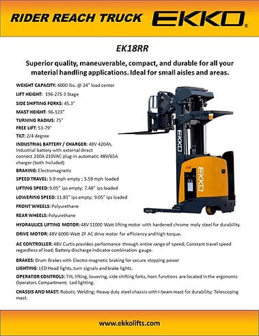 A product sheet for the EKKO EK18RRL Rider Reach Truck, highlighting features like its 4000 lbs load capacity, 275-inch lift height, and 48V/420Ah industrial battery.