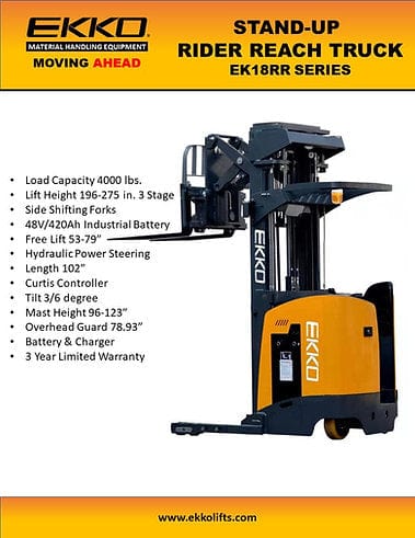 A product sheet for the EKKO EK18RRL Rider Reach Truck, detailing its maneuverability in small aisles and features like the Curtis Controller and a 3-year limited warranty.