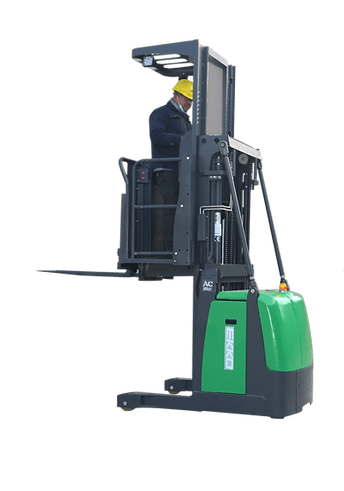 A full view of the EKKO EOP70-LI Electric Order Picker on a transparent background with a person standing on the platform, showing its triple mast and compact design.