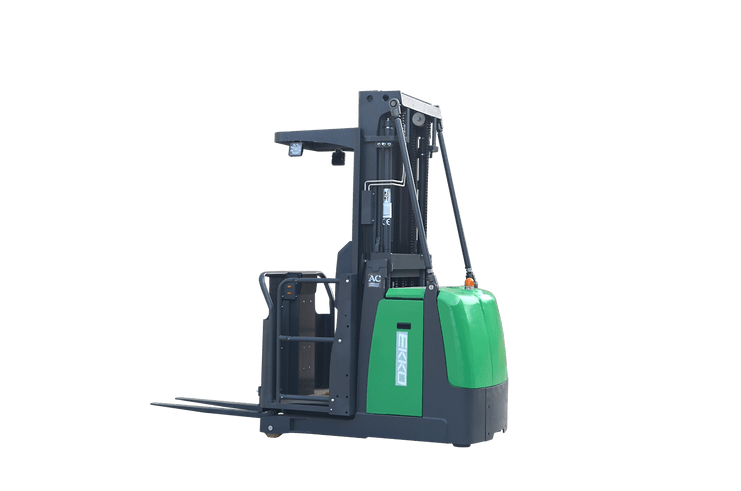 The EKKO EOP70-LI Electric Order Picker is featured on a transparent background, showcasing its green and gray body, forks, and overhead guard.