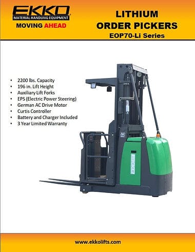 A brochure for the EKKO EOP70-LI Electric Order Picker, highlighting key specifications like a 2200 lbs load capacity, 196-inch lifting height, and a 3-year limited warranty.
