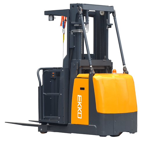 Angled side view of the EKKO EOP70 Electric Order Picker, highlighting its orange and dark gray body, forks, and ergonomic handle.