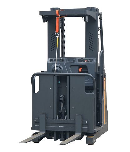 Front view of the EOP70 Electric Order Picker, showcasing its tall triple mast design, safety cage, and forks on a white background.