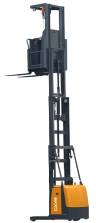 A full-length front view of the EOP70 Electric Order Picker on a white background, demonstrating the extended reach of its triple mast for high-level picking.