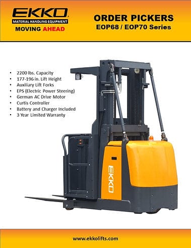 A brochure for the EOP70 Electric Order Picker detailing its 2200 lbs capacity, 196-inch lift height, and a 3-year limited warranty.