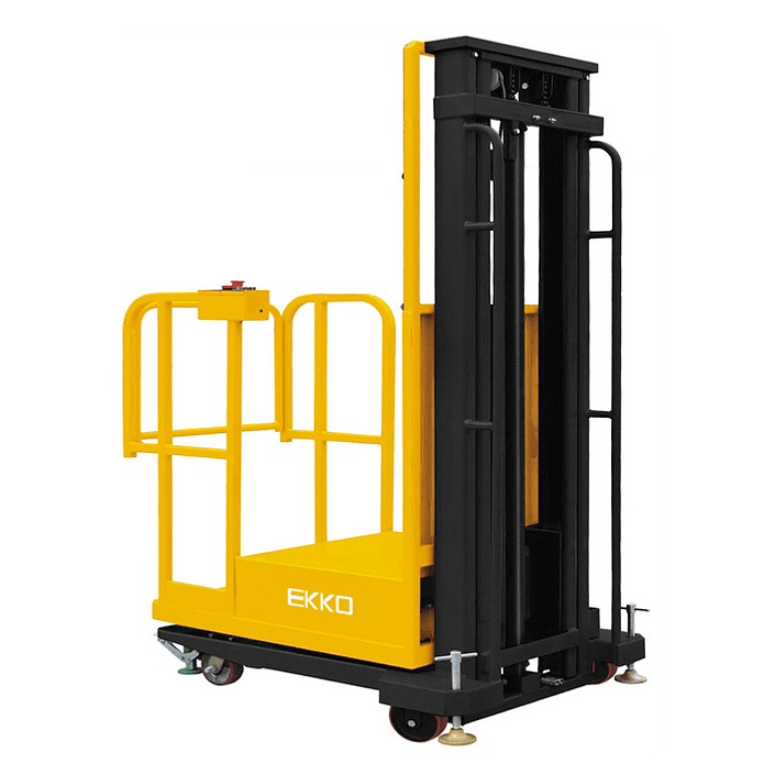 A yellow and black EKKO EOP20-157 Order Picker with a 4400-pound load capacity is shown at an angle on a white background.