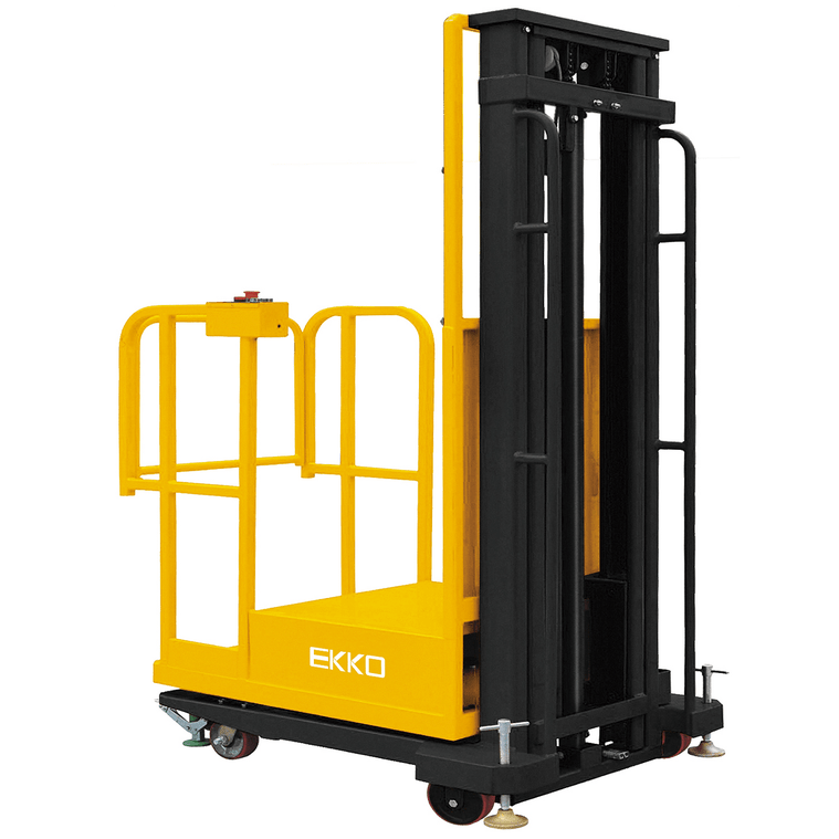A yellow and black EKKO EOP20-157 Order Picker with a 4400-pound load capacity is shown at an angle on a white background.