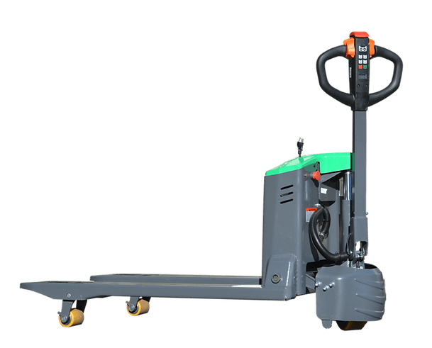 A side view of the gray and green EKKO EP18JLI Lithium Iron Phosphate electric walkie pallet jack against a checkered background, with its forks, handle, and wheels visible.