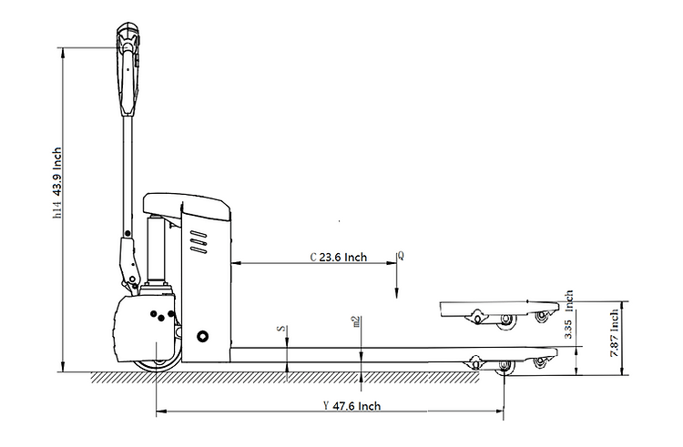 A detailed, scaled diagram showing the side dimensions of the EKKO EP18JLI Lithium Iron Phosphate pallet jack, including a 47.6-inch wheelbase and 7.8-inch lifting height.