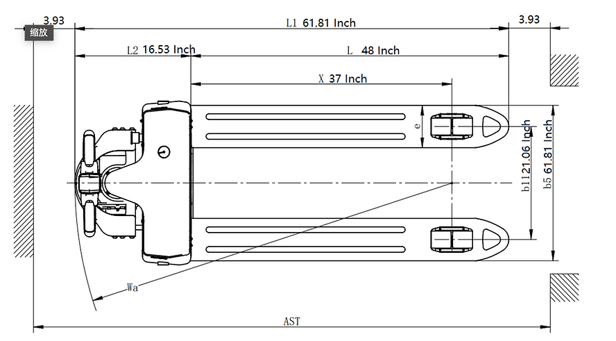 A technical, scaled diagram of the EKKO EP18JLI Lithium Iron Phosphate pallet jack from a top-down view, detailing measurements like a 61.81-inch overall length and 27-inch fork width.