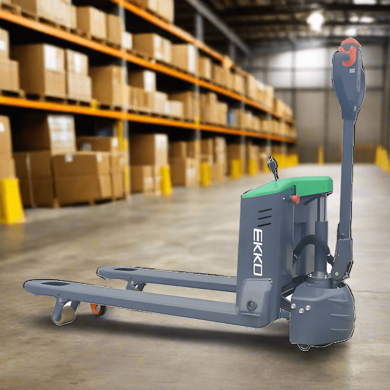 An EKKO EP18JNLI Electric Narrow Walkie Pallet Jack with a 4000 lb load capacity is shown at an angle, centered in a warehouse aisle with tall shelves of boxes.