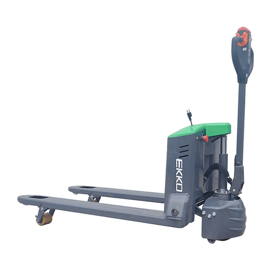 An EKKO EP18JNLI Electric Narrow Walkie Pallet Jack with a 24V/40Ah Lithium Iron Phosphate battery is positioned at an angle on a transparent, checkerboard background.