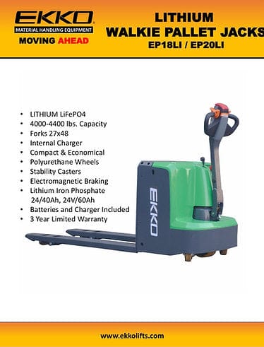 A detailed view of the EKKO EP18LI and EP20LI Lithium Pallet Jacks product brochure showing a top-down view of the walkie pallet jack and key features like a 24V Lithium Iron Phosphate battery and 3-year limited warranty.