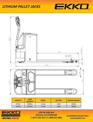 A technical drawing of the EKKO EP18LI Lithium Iron Phosphate Walkie Pallet Jack with detailed dimensions in inches and specifications including a 4,000 lbs capacity and 24V/40Ah battery.