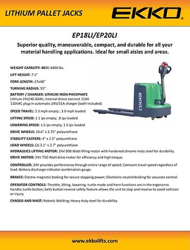 A product brochure for the EKKO EP18LI Lithium Iron Phosphate Walkie Pallet Jack showing the side view of the pallet jack along with its features and specifications in text.