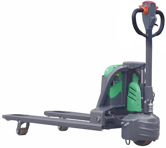 A side view of the green and gray EKKO EP18SLI electric walkie pallet jack, highlighting its extended forks and ergonomic handle.