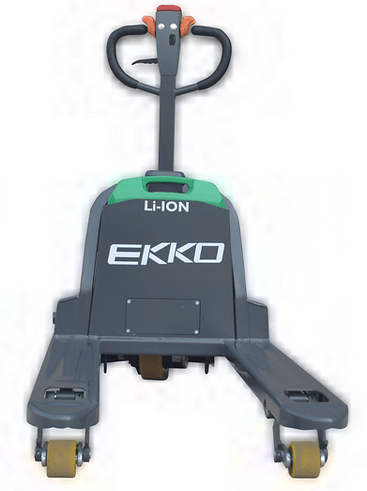 A front view of the EKKO EP18SLI Lithium Iron Phosphate electric walkie pallet jack, with "LI-ION" and "EKKO" branding clearly visible on the main body.