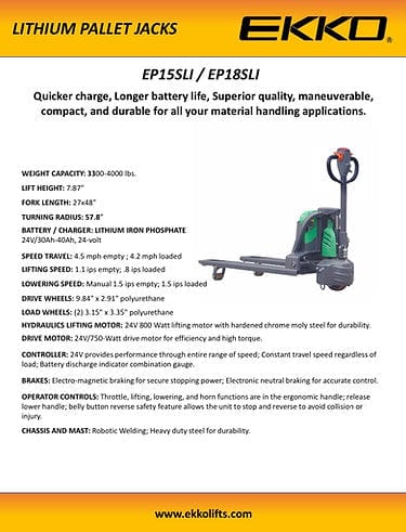 A technical diagram of the EKKO EP18SLI electric pallet jack displaying its various dimensions, including an overall length of 65.86 inches and a fork width of 26.97 inches.