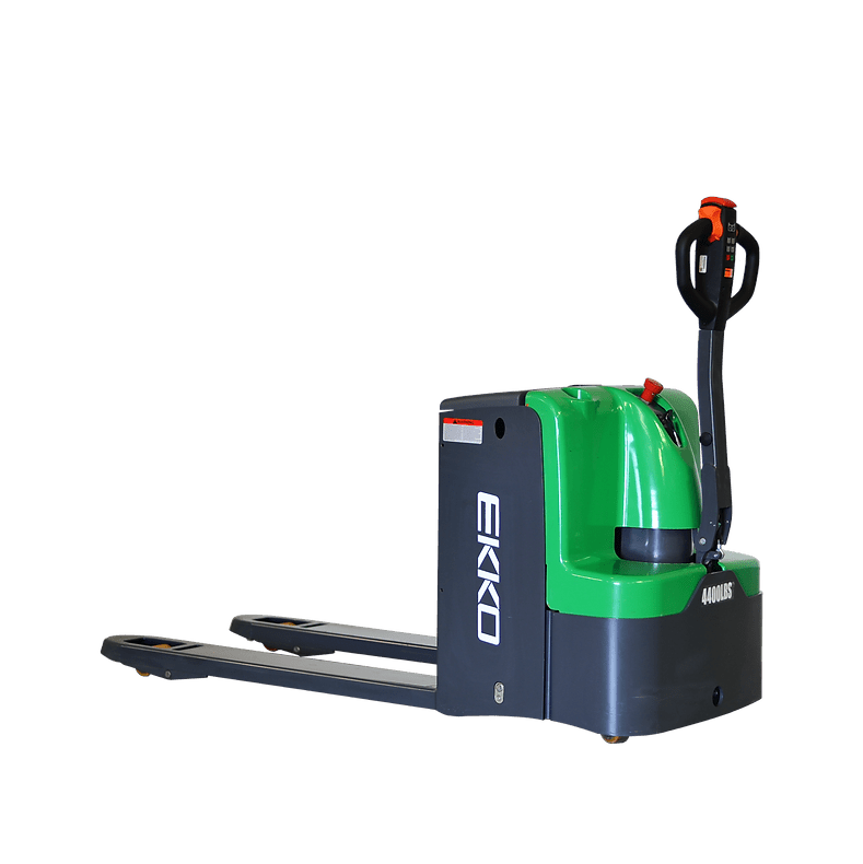 An EKKO EP20E-Li Electric Walkie Pallet Jack with a 24V/100Ah lithium battery on a black and white checkerboard background.