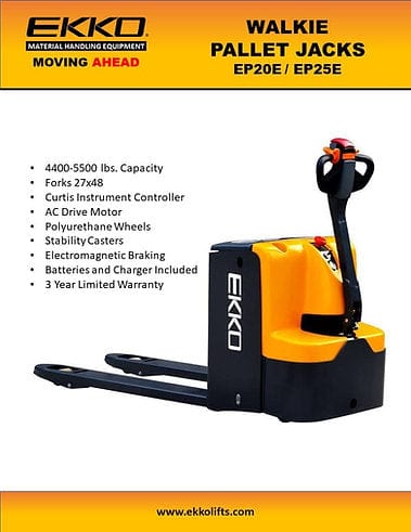 An EKKO EP20E electric walkie pallet jack is centered on a yellow-to-orange gradient background, with key features listed in white text. The text highlights a 4,400 lbs capacity, Curtis Instrument Controller, and a 3-year limited warranty.