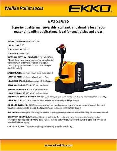 An EKKO EP20E walkie pallet jack is featured on a yellow-to-orange gradient background, accompanied by detailed product specifications. The text describes its electric lift and drive, 4,400 lbs load capacity, and dimensions, including a 7.9-inch lifting height and 27-inch outside fork distance.