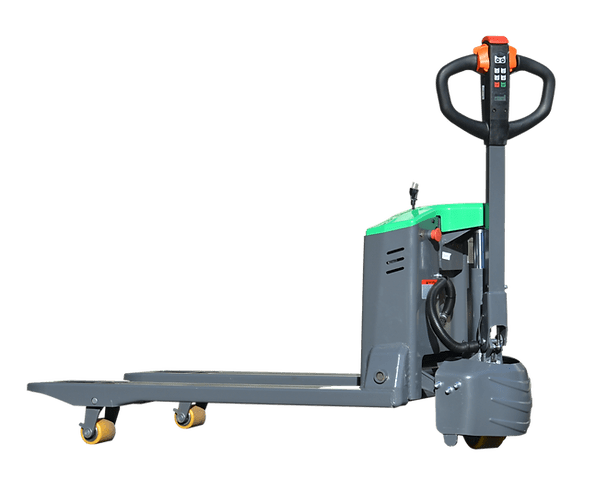 A side view of the gray and green EKKO EP20JLI Lithium Iron Phosphate electric walkie pallet jack against a checkered background, with its forks, handle, and wheels visible.