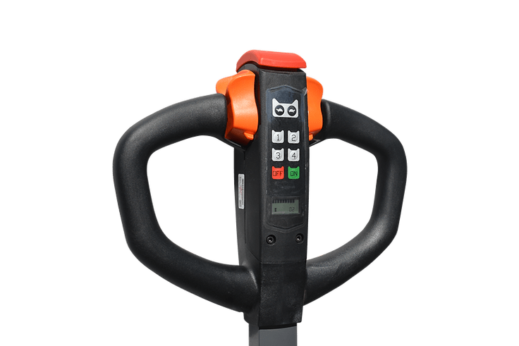 A close-up view of the black and orange ergonomic handle on the EKKO EP20JLI Lithium Iron Phosphate electric walkie pallet jack, highlighting the control buttons and a digital display.