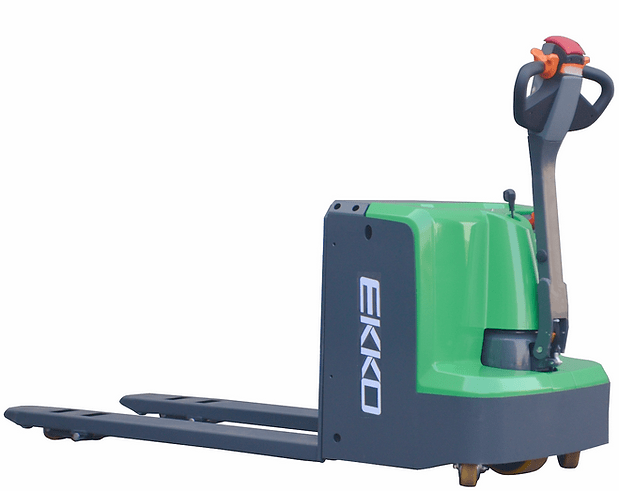 A side view of the green and gray EKKO EP20LI Lithium Iron Phosphate walkie pallet jack with its forks lowered, highlighting the durable steel construction and polyurethane wheels.