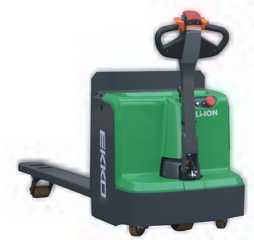 A frontal view of the green and gray EKKO EP20LI Lithium Iron Phosphate electric walkie pallet jack, highlighting the lithium-ion battery housing and control handle.