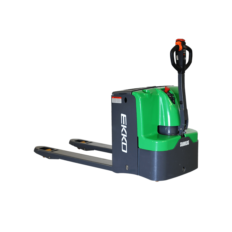 An EKKO EP25E-Li Electric Walkie Pallet Jack with a 24V/150Ah lithium battery is shown at a slight angle on a transparent, checkerboard background.