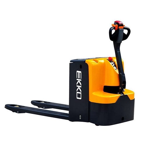 A three-quarter front view of the EKKO EP25E electric walkie pallet jack, a yellow and black industrial vehicle, shown with its forks lowered on a white background.