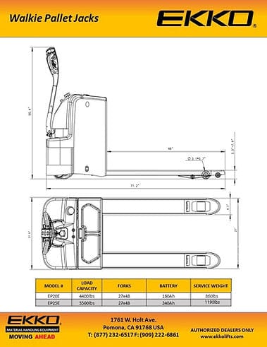 A technical diagram on a product sheet for the EKKO EP25E walkie pallet jack, showing detailed measurements of the machine's length, width, and height.