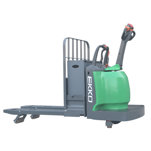 An EKKO EP30A-Li Lithium Walkie Rider Pallet Jack is shown at a slight angle on a transparent, checkerboard background.